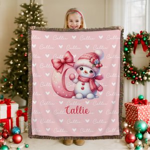 Personalised Cute Cartoon Santa Hat Snowman Initial Word Cloud Soft Tassel Blanket with Name Home Decor Christmas Anniversary Gift for Family