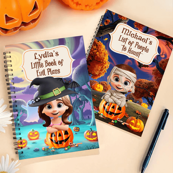 Personalised Funny Halloween Costume 3D Cartoon Character A5 Spiral Notebook with Name Title and 120 Lined Pages Halloween Gift for Kids Family