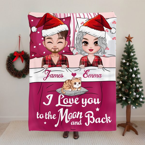 Personalised Cartoon Christmas Hat Woman Man Cat Soft Throw Blanket with Name and Text Home Decor Christmas Gift for Couples