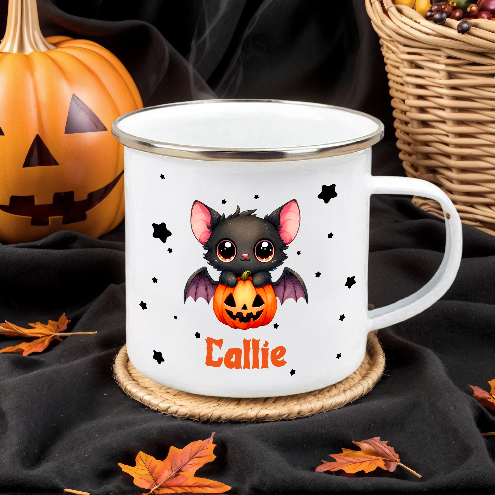 Mug en émail avec nom pour usage quotidien Cadeau d'Halloween pour garçons et filles