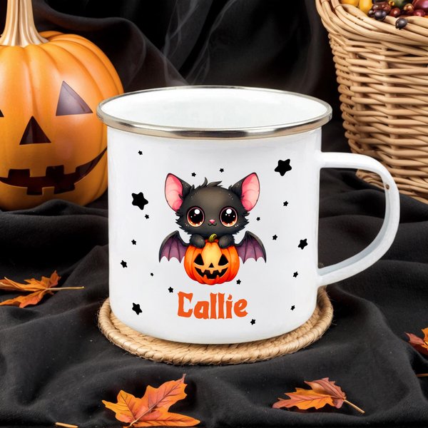 Personalised Cute Cartoon Bat Star 12 oz Multicoloured Rim Enamel Mug with Name Daily Use Halloween Gift for Boys Girls