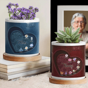 Personalised Vintage Heart Birth Flower Ceramic Plant Pot with 1-12 Names and Title Home Decor Christmas Gift for Mom Grandma