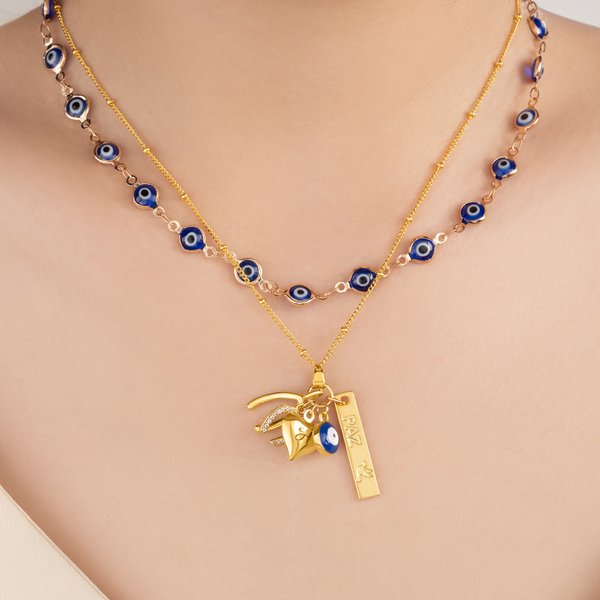 Personalized Evil Eye Wishbone Horseshoe Set of 2 Necklaces with Name and Heart-Shaped Pendant Birthday Anniversary Gift for Family Friends