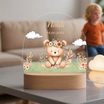 Personalisiertes Bär Fuchs LED-Nachtlicht mit Niedlichem Tier Holzsockel und Namen Kinderzimmer Deko Baby Party Geburtstag Geschenk für Mädchen Jungen