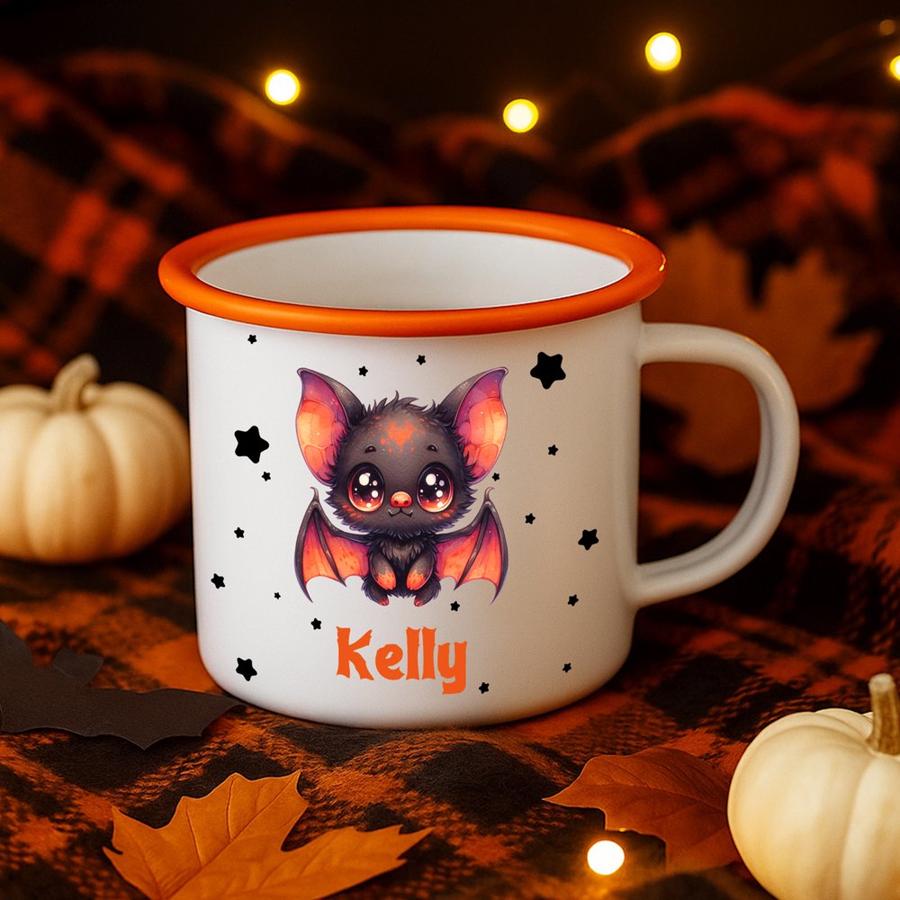 Personlig söt tecknad fladdermusstjärna 12 oz flerfärgad emaljmugg med namn för dagligt bruk Halloween-present för pojkar flickor