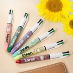 Personlig söt tecknad motiv djur utdragbar glitter kulspetspenna 4-i-1 penna med namn Tillbaka till skolan födelsedagspresent för pojkar flickor