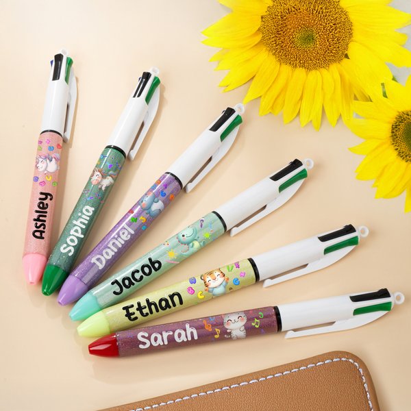 Personalised Cute Cartoon Subject Animals Retractable Glitter Ballpoint 4-in-1 Pen with Name Back to School Birthday Gift for Boys Girls