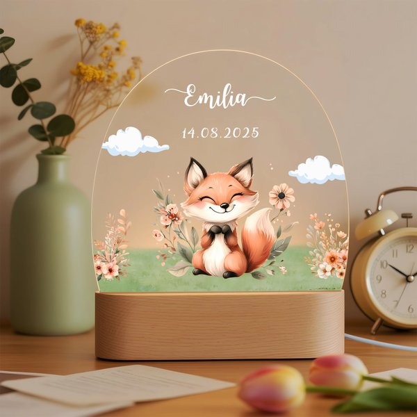 Personalisiertes Bär Fuchs LED-Nachtlicht mit Niedlichem Tier Holzsockel und Namen Kinderzimmer Deko Baby Party Geburtstag Geschenk für Mädchen Jungen