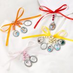 Personalized Multicolor Ribbon Vintage Oval Photo Bouquet Charm with Beads and Heart Pendant Engagement Wedding Gift for Bride Couple