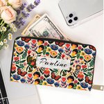 Portefeuille à Motif Floral Personnalisé avec Nom Accessoire en Cuir PU Multi-compartiments Fermeture Éclair Cadeau Anniversaire pour Femme