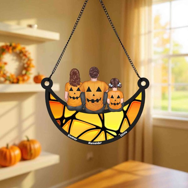 Personalised Halloween Cartoon Character Back View Moon Shape Window Hanging Suncatcher with Names Home Decor Halloween Gift for Family