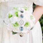 Personalized Multicolor Ribbon Vintage Oval Photo Bouquet Charm with Beads and Heart Pendant Engagement Wedding Gift for Bride Couple