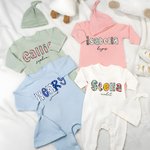 Personalised Colourful Floral Doodle Letter 100% Cotton Baby Romper Hat Set with Text Baby Shower Gift for Newborn New Parents