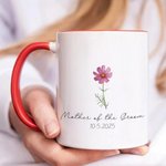 Tasse en Céramique 325 - 445 ml Personnalisée avec Fleur de Naissance Texte et Date Cadeau Brunch de Mariée Fête de Mariage pour Maman
