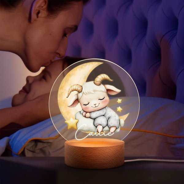 Personalized Moon Star Cartoon Sleeping Animals Acrylic LED Night Light with Wooden Base and Name Nursery Decor Baby Shower Birthday Gift for Kids