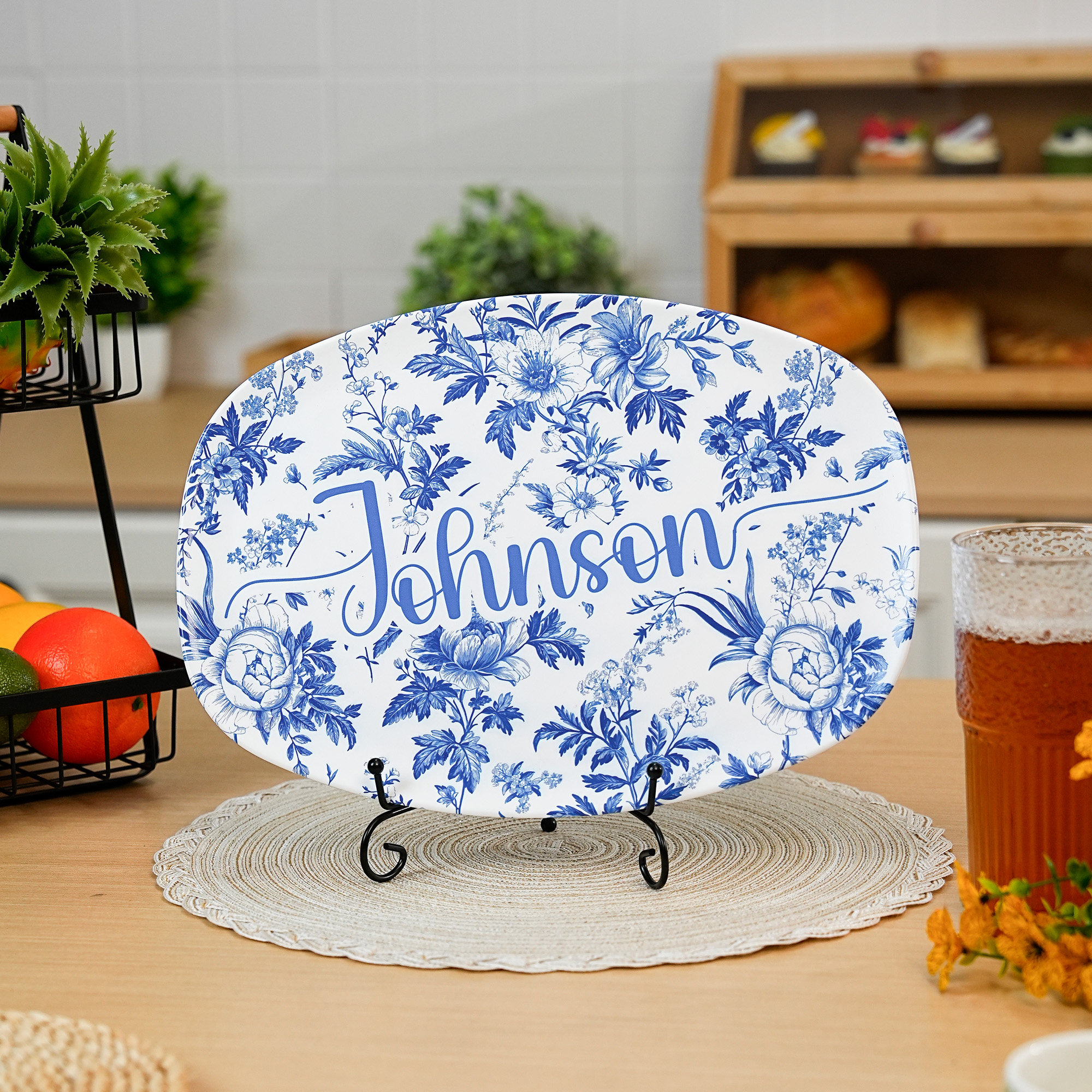 Plateau Décoratif Vintage Toile De Jouy Personnalisé avec Support et Texte Décoration d'Intérieur Esthétique Cadeau de Mariage pour Mariés Famille Amis