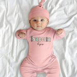 Personalised Colourful Floral Doodle Letter 100% Cotton Baby Romper Hat Set with Text Baby Shower Gift for Newborn New Parents