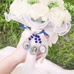 Personalized Multicolor Ribbon Vintage Oval Photo Bouquet Charm with Beads and Heart Pendant Engagement Wedding Gift for Bride Couple