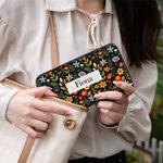 Portefeuille à Motif Floral Personnalisé avec Nom Accessoire en Cuir PU Multi-compartiments Fermeture Éclair Cadeau Anniversaire pour Femme