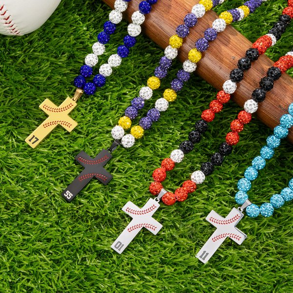 Personalized Magnetic Sparkle Rhinestone Beaded Baseball or Softball Cross Necklace with Number Game Day Birthday Gift for Ball Game Lovers