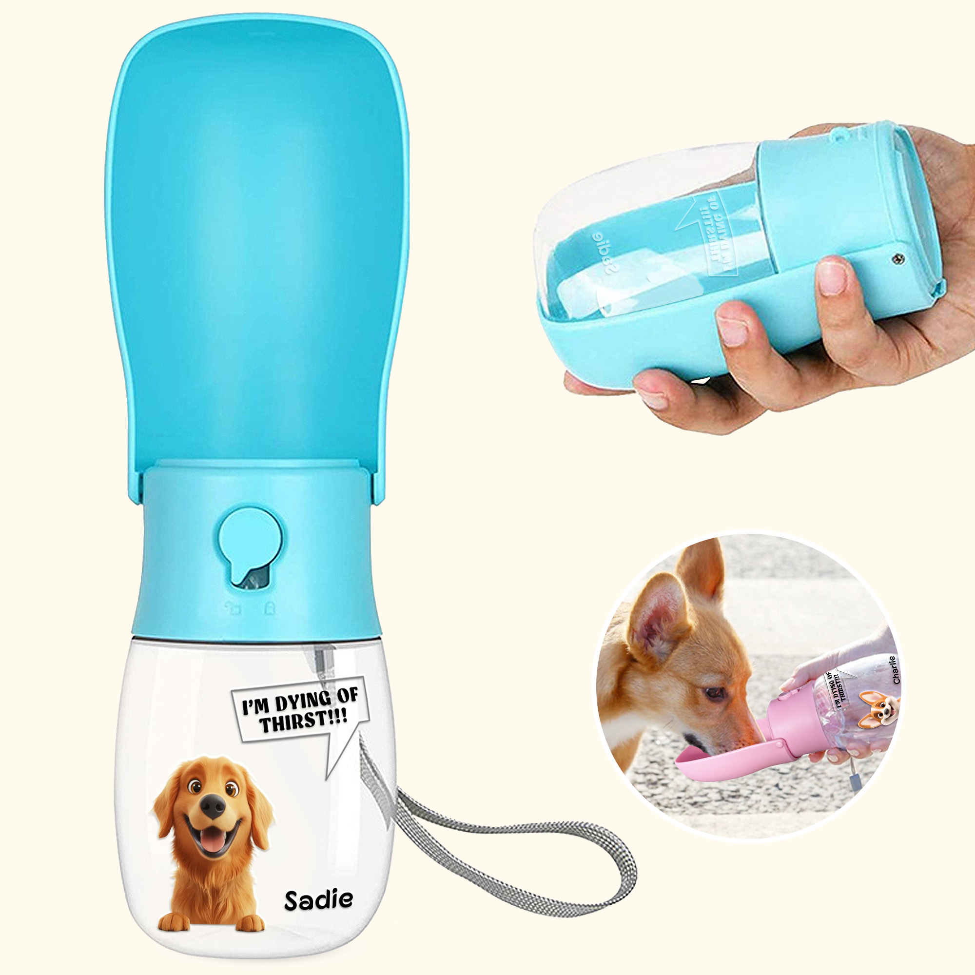 Bouteille d'eau pliable personnalisée avec nom pour animaux de compagnie Cadeau d'anniversaire pour les propriétaires d'animaux de compagnie