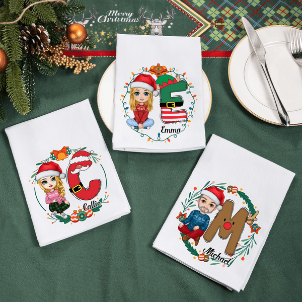 Serviette de table personnalisée en coton avec nom et initiale Cadeau de Noël pour la famille et les amis