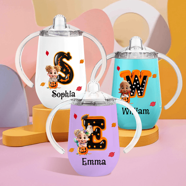 Personalizzato in stile 3D personaggio dei cartoni animati tema Halloween iniziale 10 oz isolato nome tazza Sippy con coperchio e manico regalo di Halloween per i bambini Toddler Kids