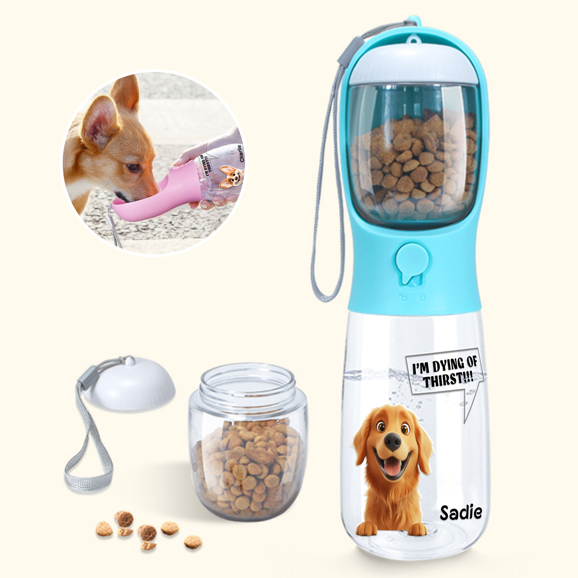 Personnalisé 3D Cartoon Dog Cat Design 2-in-1 Pet Water Bottle with Drinking Feeder and Name Pet Outdoor Supplies Birthday Gift for Pet Owners