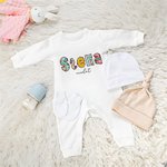 Personalised Colourful Floral Doodle Letter 100% Cotton Baby Romper Hat Set with Text Baby Shower Gift for Newborn New Parents