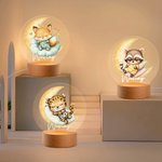 Personalized Moon Star Cartoon Sleeping Animals Acrylic LED Night Light with Wooden Base and Name Nursery Decor Baby Shower Birthday Gift for Kids
