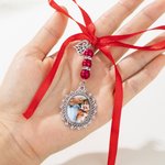 Personalized Multicolor Ribbon Vintage Oval Photo Bouquet Charm with Beads and Heart Pendant Engagement Wedding Gift for Bride Couple