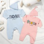 Personalised Colourful Floral Doodle Letter 100% Cotton Baby Romper Hat Set with Text Baby Shower Gift for Newborn New Parents