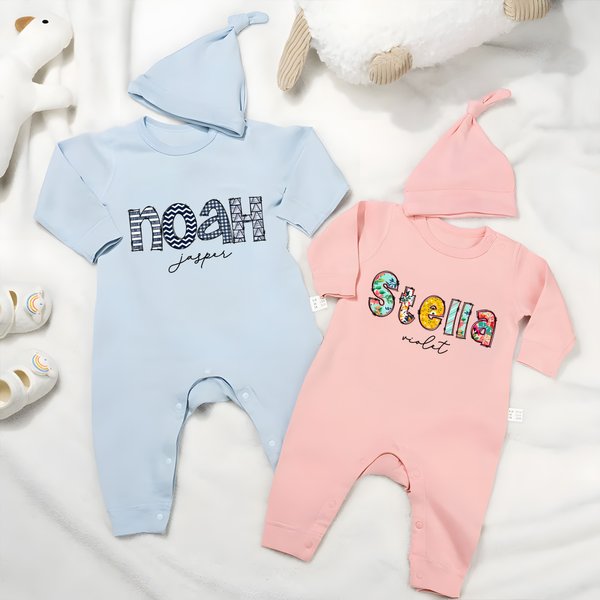 Personalised Colorful Floral Doodle Letter 100% Cotton Baby Romper Hat Set with Text Baby Shower Gift for Newborn New Parents