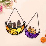 Personalized Halloween Cartoon Character Back View Moon Shape Window Hanging Suncatcher with Names Home Decor Halloween Gift for Family
