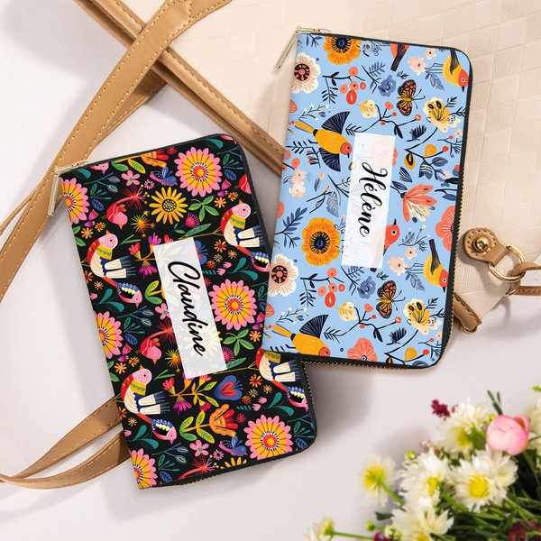 Portefeuille à Motif Floral Personnalisé avec Nom Accessoire en Cuir PU Multi-compartiments Fermeture Éclair Cadeau Anniversaire pour Femme