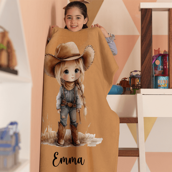 Personalized Cartoon Cowboy Cowgirl Soft Throw Blanket with Name Room Decor Birthday Gift for Boys Girls