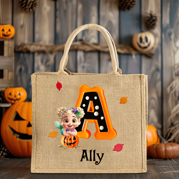Personalized Halloween Costume Cartoon Character Pumpkin Initial Jute Tote Bag with Name Halloween Party Gift for Family Friends Kids