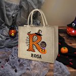 Bolso de yute personalizado con diseño de calabaza y personaje de dibujos animados con nombre e inicial regalo de Halloween para niños