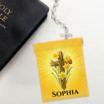 Personalized Birth Flower Cross PU Leather Shrapnel Rosary Pouch Storage Bag with Name Easter Christmas Baptism Gift for Christians