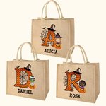 Bolso de yute personalizado con diseño de calabaza y personaje de dibujos animados con nombre e inicial regalo de Halloween para niños