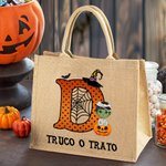 Bolso de yute personalizado con diseño de calabaza y personaje de dibujos animados con nombre e inicial regalo de Halloween para niños