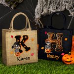 Personalisierte Halloween-Kostüm Cartoon Charakter Kürbis Initial Jute Tote Tasche mit Namen Halloween Party Geschenk für Familie Freunde Kinder