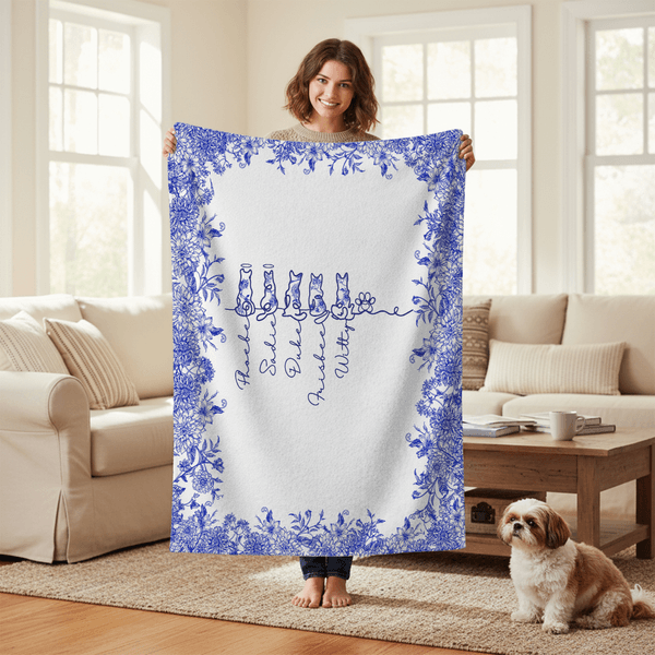 Personalised Toile De Jouy Lined Dog Silhouettes Throw Blanket Home Decor with 1-7 Names Sympathy Birthday Gift for Pet Lovers