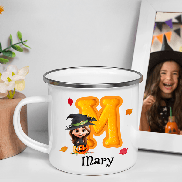 Personalised Halloween Costume 3D Cartoon Character 12 oz Enamel Mug with Name and Initial Halloween Party Gift for Family Friends