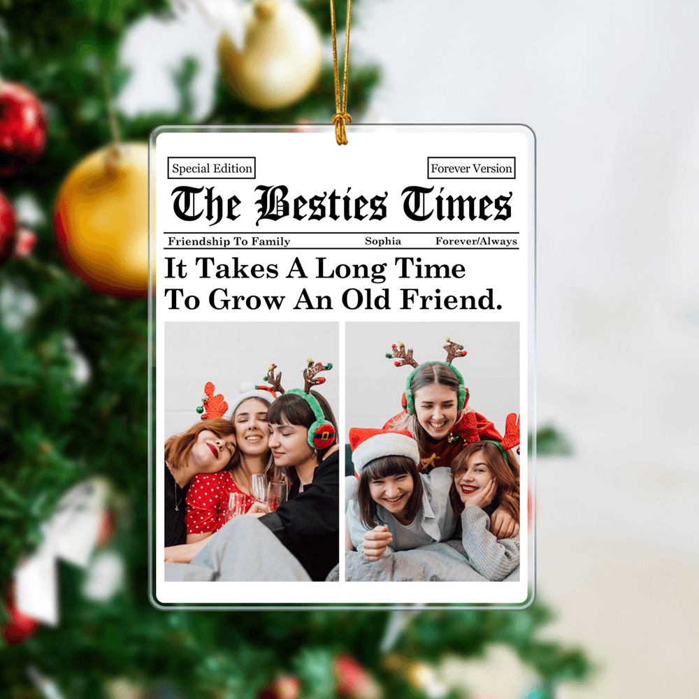 Personalized the Besties Times Newspaper Design 4 Photos Acrylic Ornament with Text, Tree Decor, Christmas/Birthday/Graduation Gift for Friends