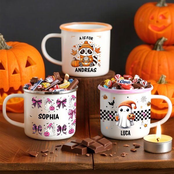 Personalised Cute Ghost Raccoon Pumpkin 12 oz Enamel Mug with Name and Text Trick or Treat Use Halloween Party Gift for Boys Girls