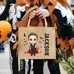 Personalized Cartoon Vampire Witch Trick or Treat Jute Tote Bag with Name Halloween Party Gift for Boys Girls