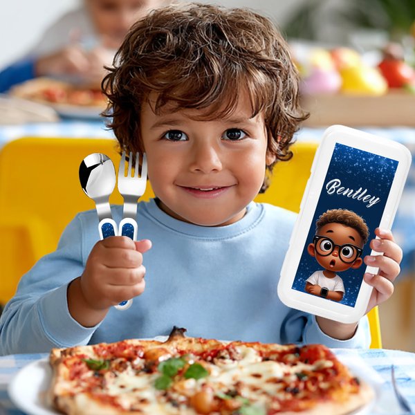 Personalised Cartoon Black Boy Girl Fork Spoon Knife 3 Pcs Cutlery Set with Name and Case Daily Use School Birthday Gift for Kids