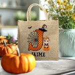 Bolso de yute personalizado con diseño de calabaza y personaje de dibujos animados con nombre e inicial regalo de Halloween para niños