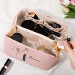 Personalized Cartoon Character Zodiac Birth Flower Leather Wide Open Makeup Bag with Name Portable Travel Accessories Birthday Gift for Women Girls